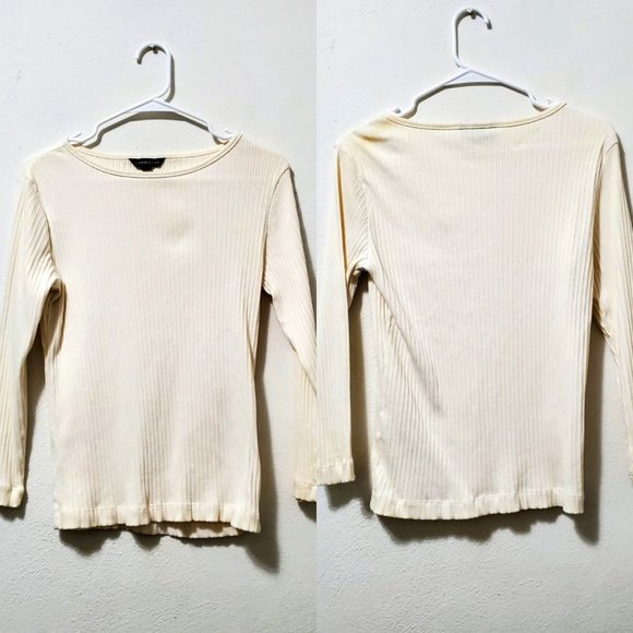 Land's End Women Cream Ribbed Blouse